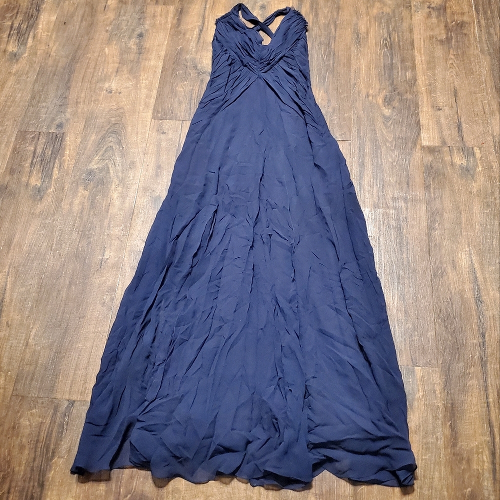 BCBGMAXAZRIA 6 Dress Maxi Navy Silk Chiffon Gown Crisscross Back Slits P… - Picture 2 of 7